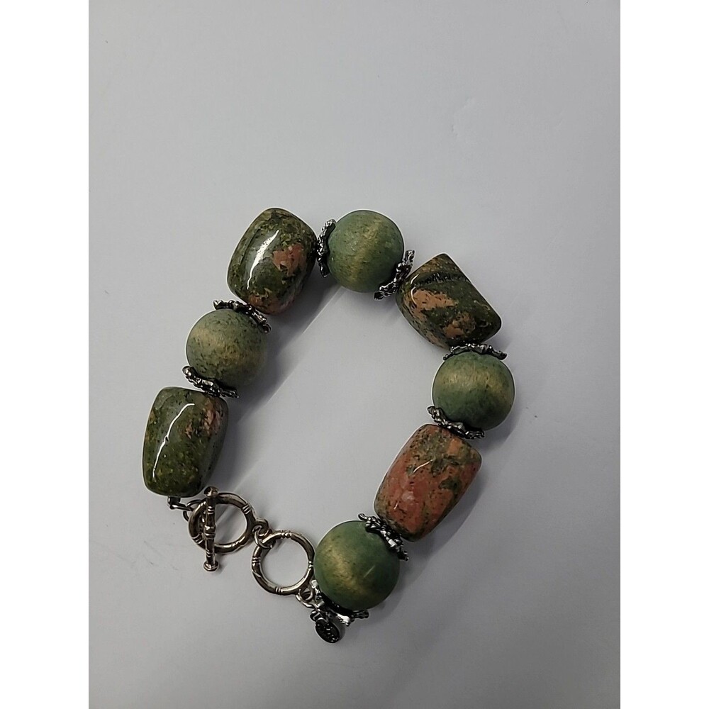 Vintage Best Unakite Stone Beaded Bracelet Green Pink Chunky‎ Bead Silver Tone